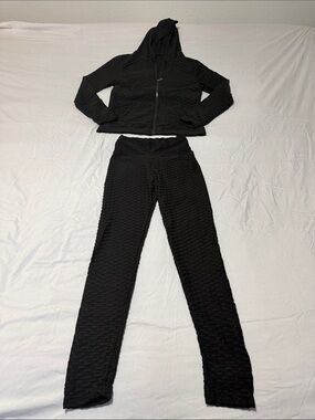 Women’s Black Textured High-Waist Leggings and Hoodie Set